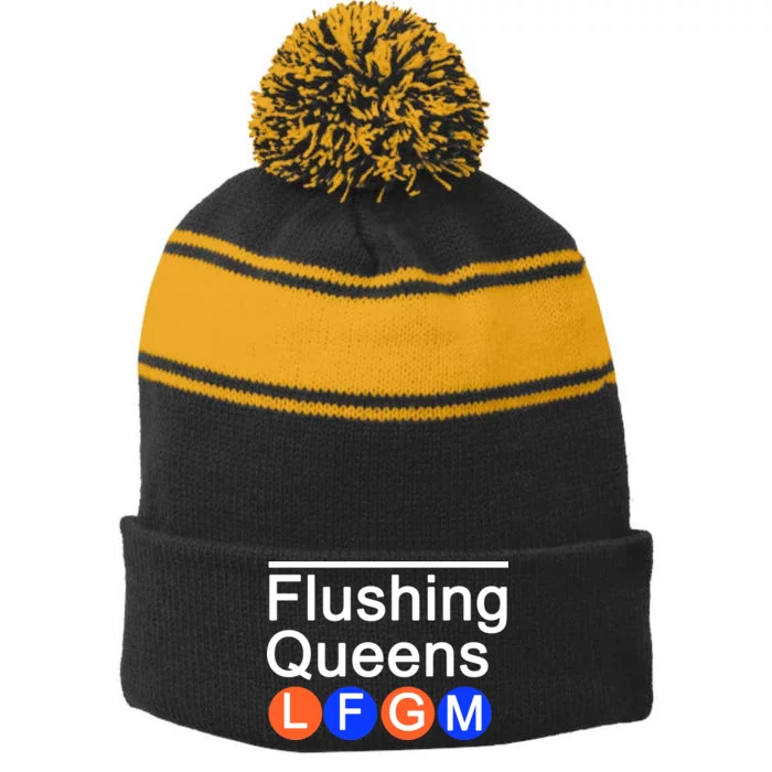 Flushing Queens LFGM Stripe Pom Pom Beanie