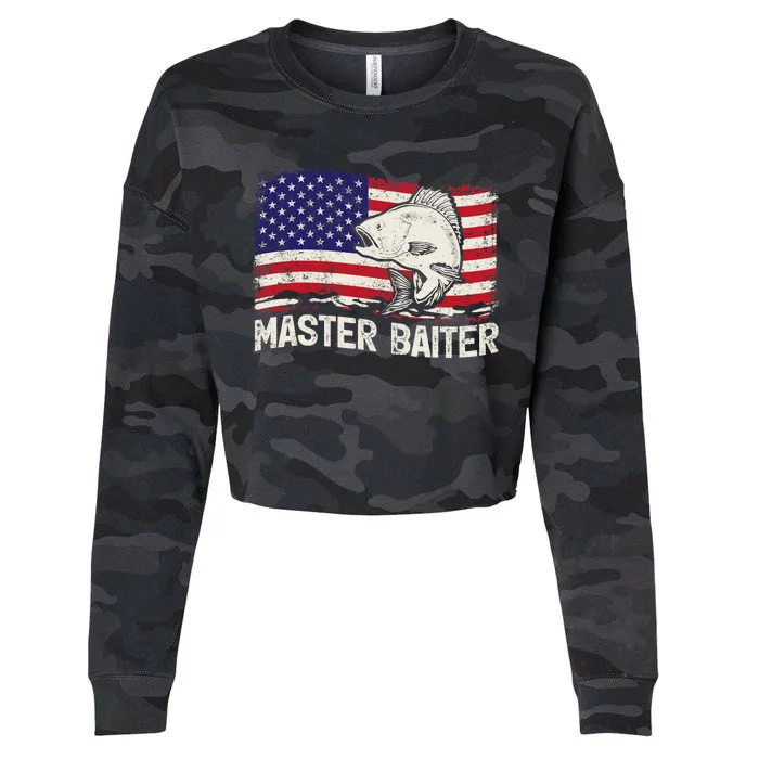 Fishing Lover Vintage American Flag Master Baiter Cropped Pullover Crew