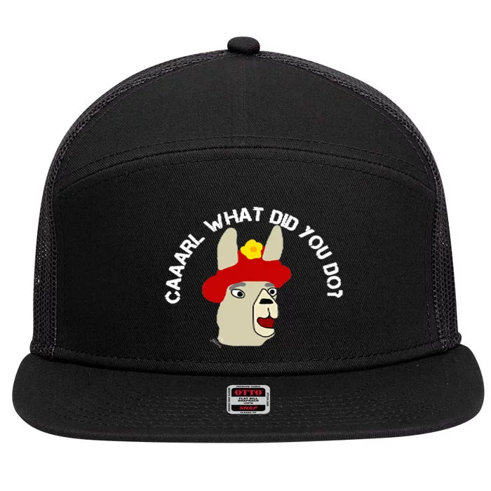 funny llama with hats lama with hat carl what did you do 7 Panel Mesh Trucker Snapback Hat