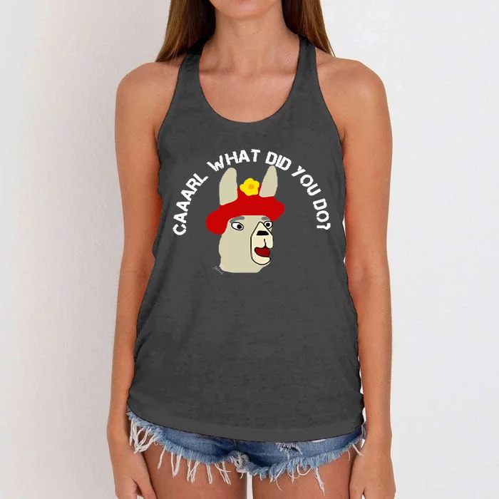 funny llama with hats lama with hat carl what did you do Women's Knotted Racerback Tank