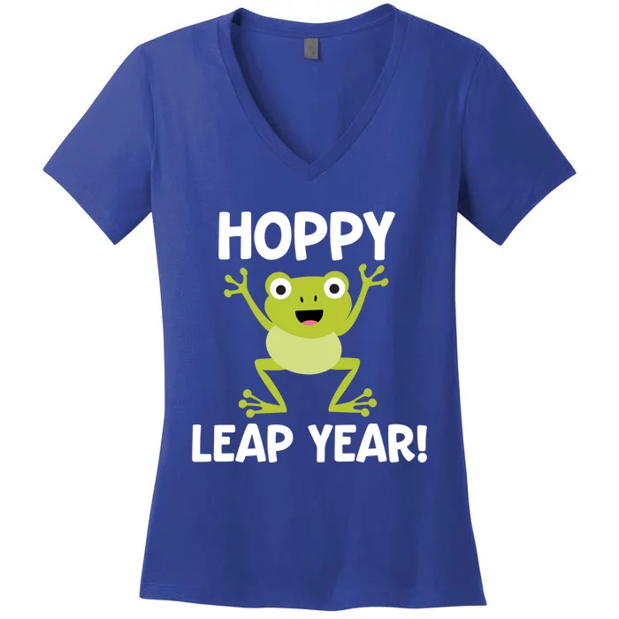 Funny Leap Year Teacher Gift Hoppy Pun February 29 Frog Cute Gift Women's V-Neck T-Shirt