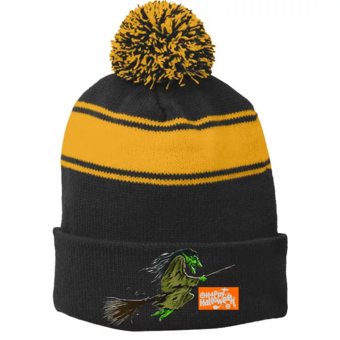 Flying Halloween Witch Stripe Pom Pom Beanie