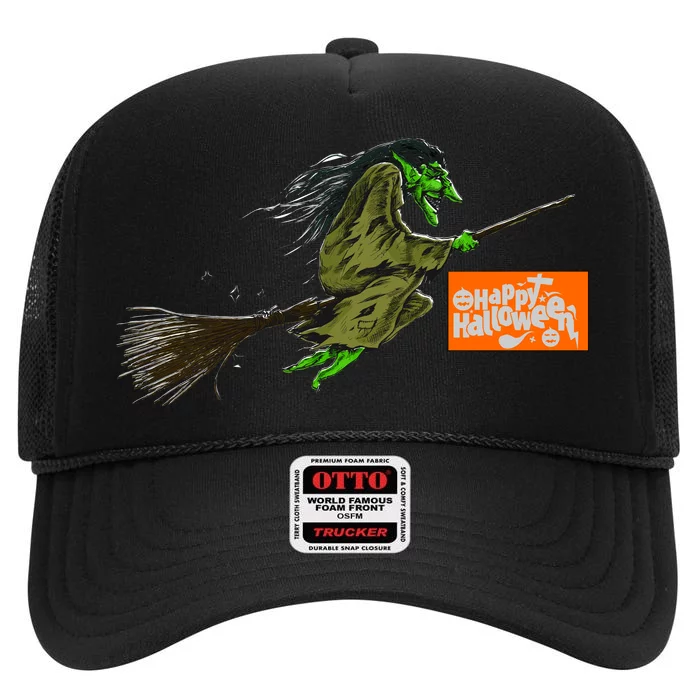 Flying Halloween Witch High Crown Mesh Trucker Hat