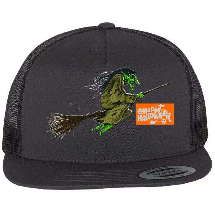 Flying Halloween Witch Flat Bill Trucker Hat