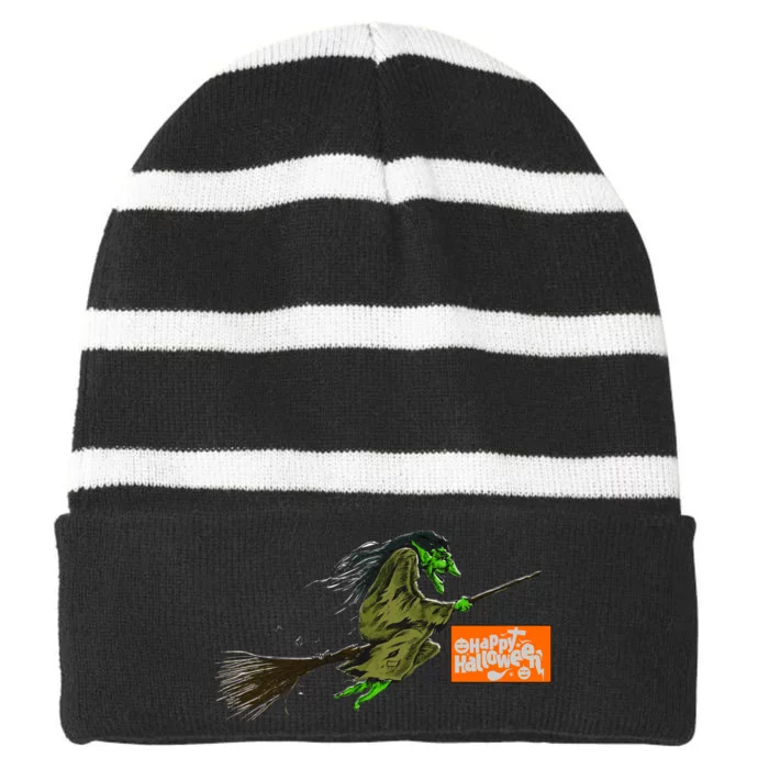 Flying Halloween Witch Striped Beanie with Solid Band