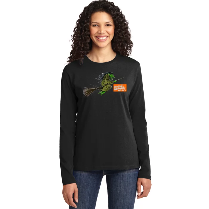 Flying Halloween Witch Ladies Long Sleeve Shirt