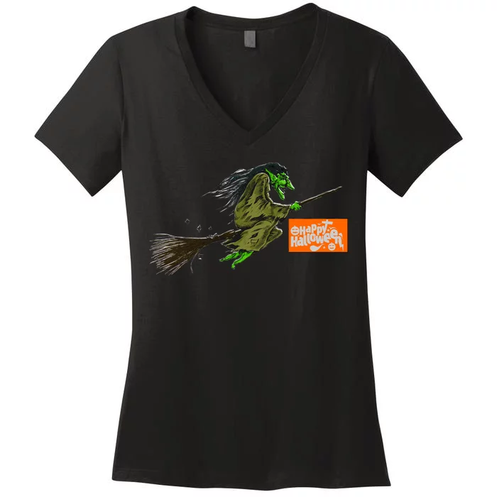 Flying Halloween Witch Women's V-Neck T-Shirt