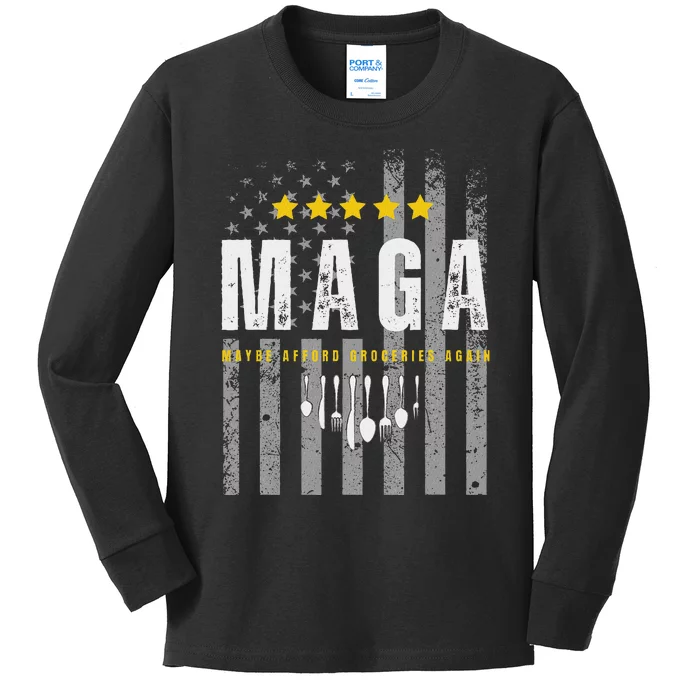 Funny Maga 2024 Maga Maybe Afford Groceries Again Kids Long Sleeve Shirt