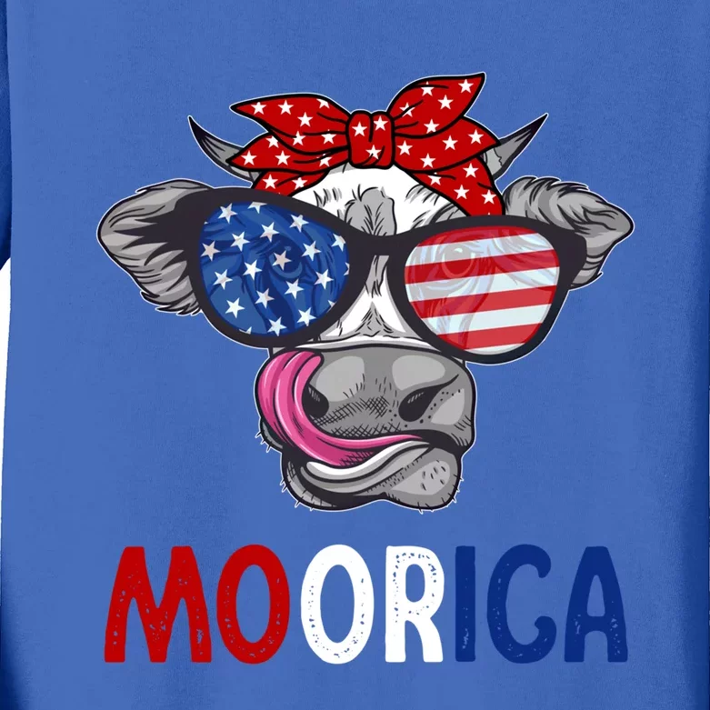 Funny Moorica 4th Of July American Flag Cow Gift Kids Long Sleeve Shirt