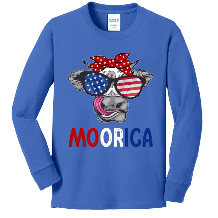 Funny Moorica 4th Of July American Flag Cow Gift Kids Long Sleeve Shirt