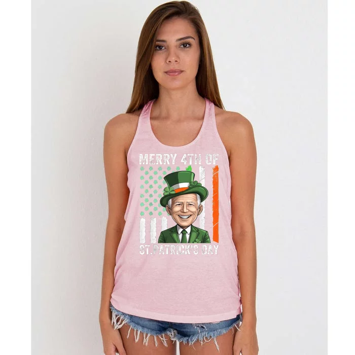 Funny Merry 4th Of St PatrickS Day Joe Biden Leprechaun Hat Gift Women's Knotted Racerback Tank