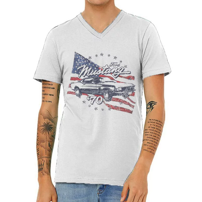 F.O.R.D Mustang 70 American Flag V-Neck T-Shirt