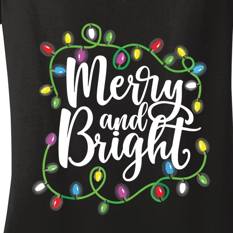 Funny Merry And Bright Christmas Lights Xmas Holiday Short Sleeve Women's V-Neck T-Shirt