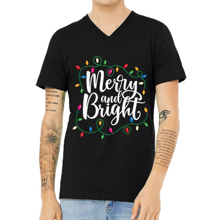 Funny Merry and Bright Christmas Lights Xmas Holiday V-Neck T-Shirt