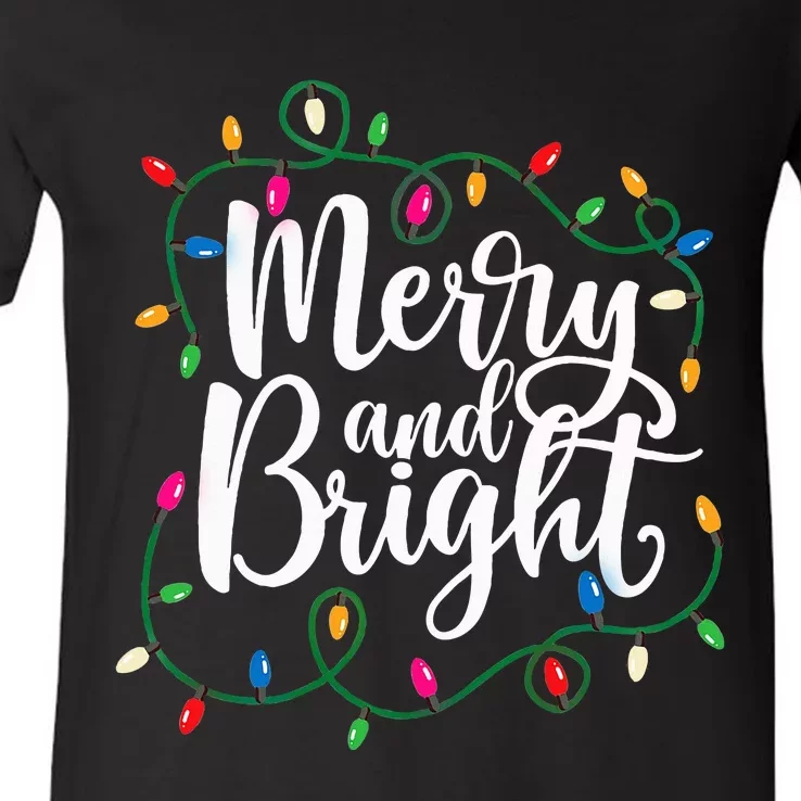 Funny Merry and Bright Christmas Lights Xmas Holiday V-Neck T-Shirt