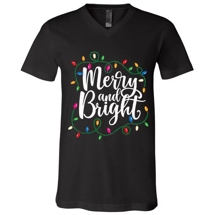 Funny Merry and Bright Christmas Lights Xmas Holiday V-Neck T-Shirt