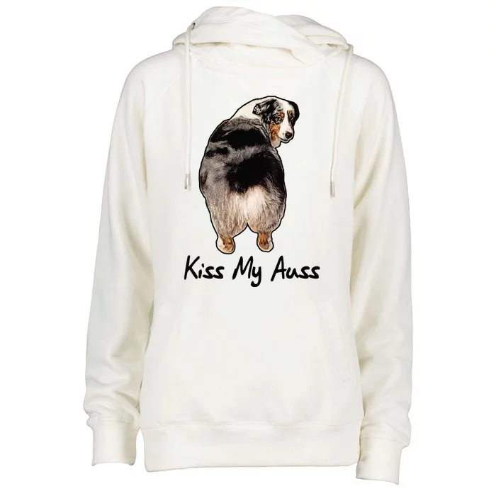 Funny Miniature Australian Shepherd Kiss My Auss Mini Aussie Womens Funnel Neck Pullover Hood