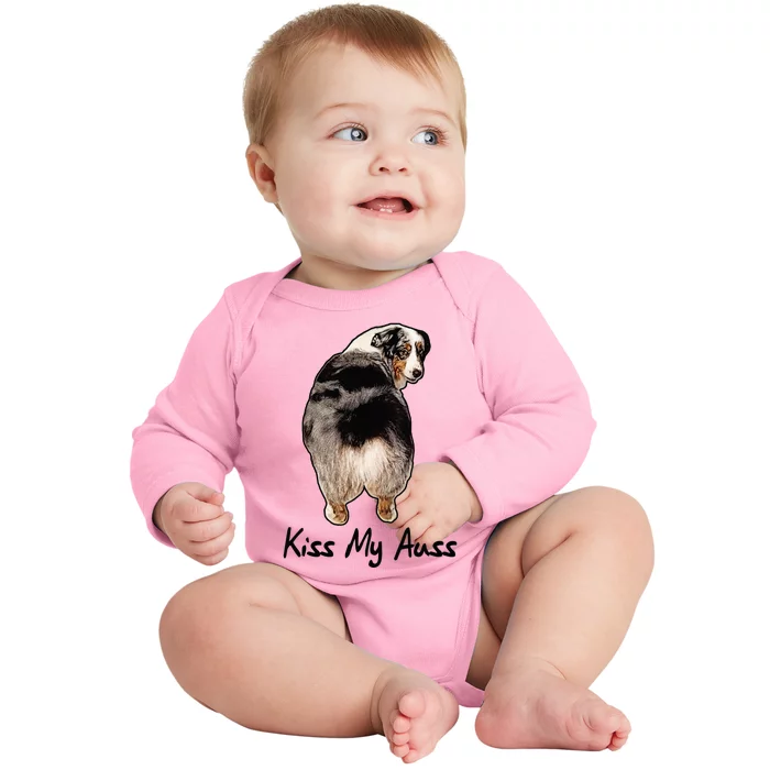 Funny Miniature Australian Shepherd Kiss My Auss Mini Aussie Baby Long Sleeve Bodysuit