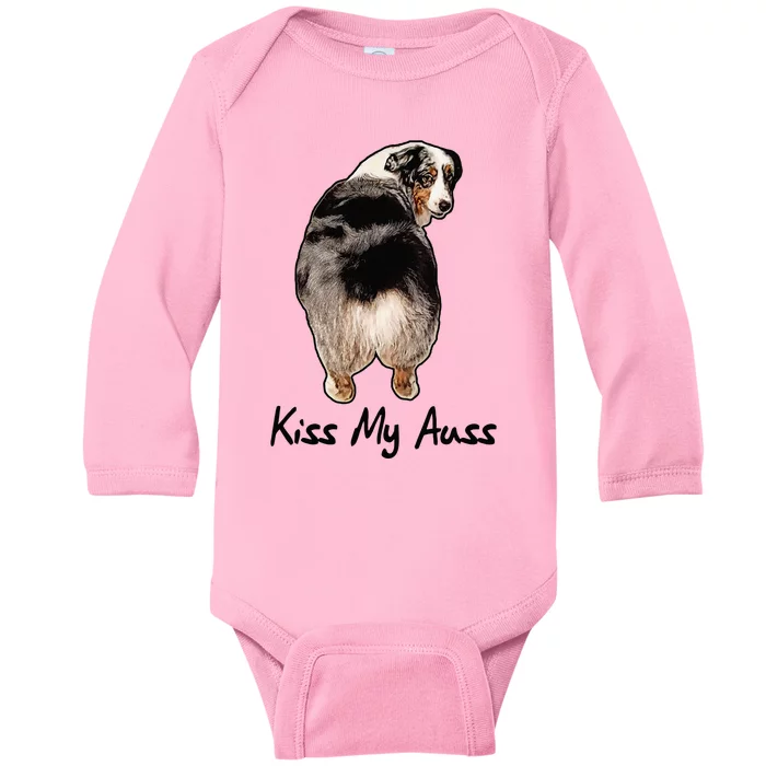 Funny Miniature Australian Shepherd Kiss My Auss Mini Aussie Baby Long Sleeve Bodysuit