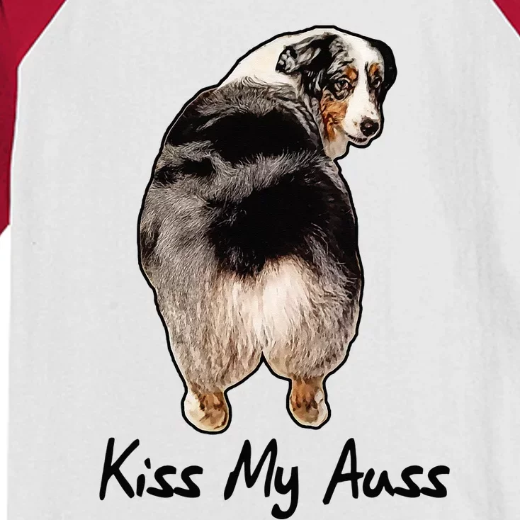 Funny Miniature Australian Shepherd Kiss My Auss Mini Aussie Kids Colorblock Raglan Jersey