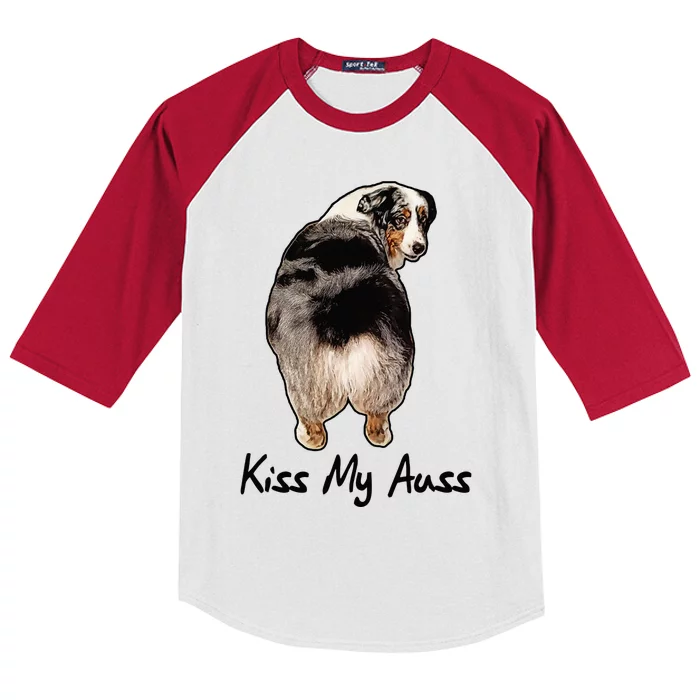 Funny Miniature Australian Shepherd Kiss My Auss Mini Aussie Kids Colorblock Raglan Jersey