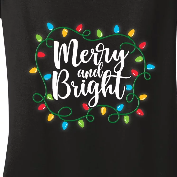 Funny Merry And Bright Christmas Lights Xmas Holiday Pajamas Women's V-Neck T-Shirt