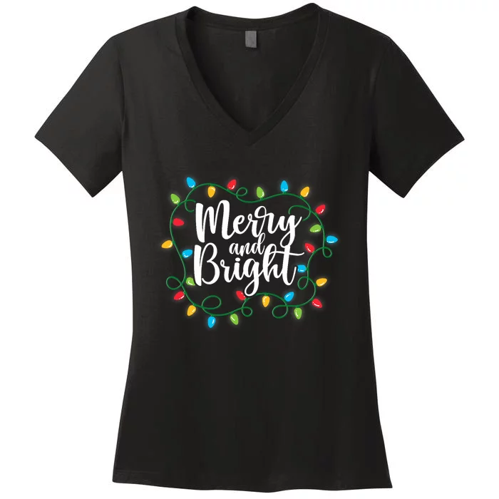 Funny Merry And Bright Christmas Lights Xmas Holiday Pajamas Women's V-Neck T-Shirt