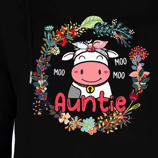 Funny Moo Auntie Cute Cow Bow Tie Flowers Happy Mother's Day Womens Funnel Neck Pullover Hood