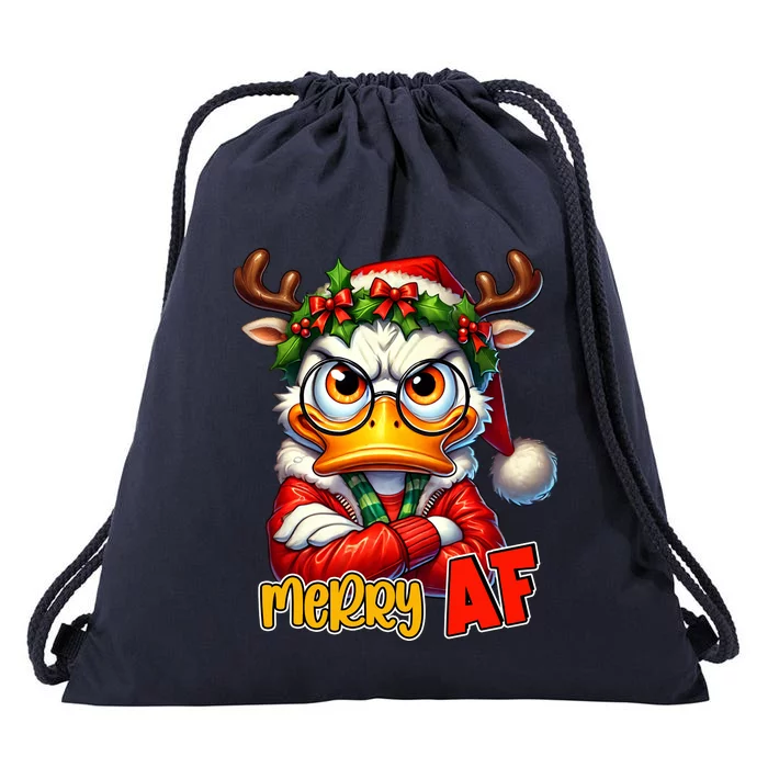 Funny Merry Af Sarcastic Grumpy Duck Christmas Drawstring Bag