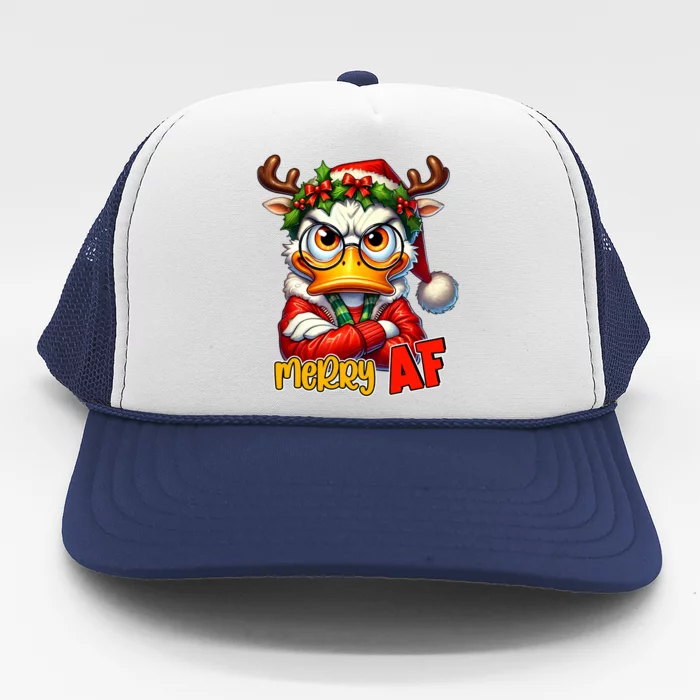 Funny Merry Af Sarcastic Grumpy Duck Christmas Trucker Hat