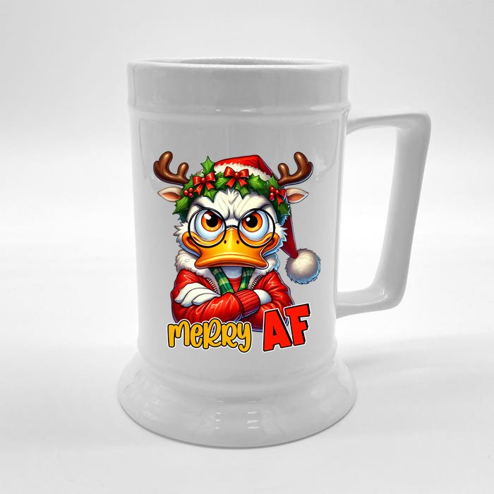 Funny Merry Af Sarcastic Grumpy Duck Christmas Front & Back Beer Stein