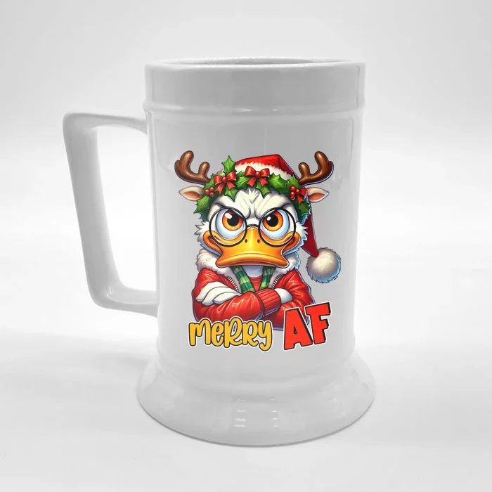 Funny Merry Af Sarcastic Grumpy Duck Christmas Front & Back Beer Stein