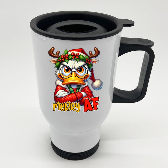 Funny Merry Af Sarcastic Grumpy Duck Christmas Front & Back Stainless Steel Travel Mug