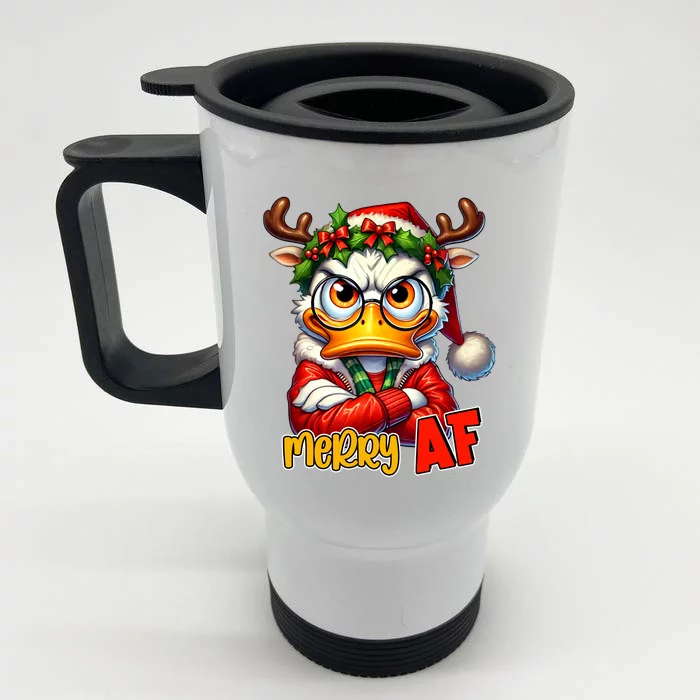 Funny Merry Af Sarcastic Grumpy Duck Christmas Front & Back Stainless Steel Travel Mug