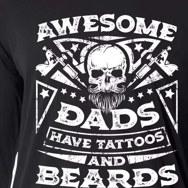 Funny Mens Awesome Dads Have Tattoos And Beards Gift Cooling Performance Long Sleeve Crew