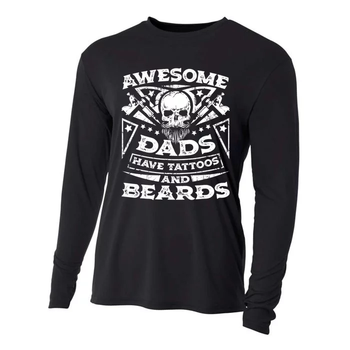 Funny Mens Awesome Dads Have Tattoos And Beards Gift Cooling Performance Long Sleeve Crew