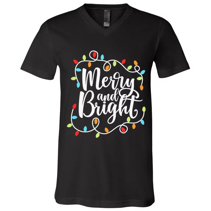 Funny Merry and Bright Christmas Lights Xmas Holiday V-Neck T-Shirt