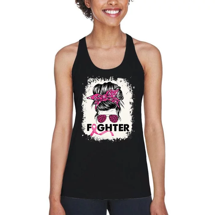 Fighter Messy Bun Breast Cancer Awareness Pink Warrior Women's Racerback Tank