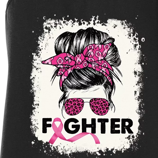 Fighter Messy Bun Breast Cancer Awareness Pink Warrior Women's Racerback Tank