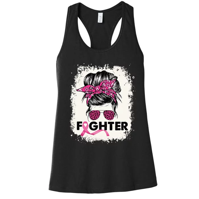 Fighter Messy Bun Breast Cancer Awareness Pink Warrior Women's Racerback Tank