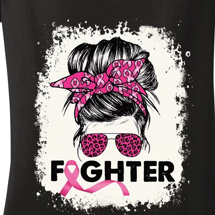 Fighter Messy Bun Breast Cancer Awareness Pink Warrior Women's V-Neck T-Shirt