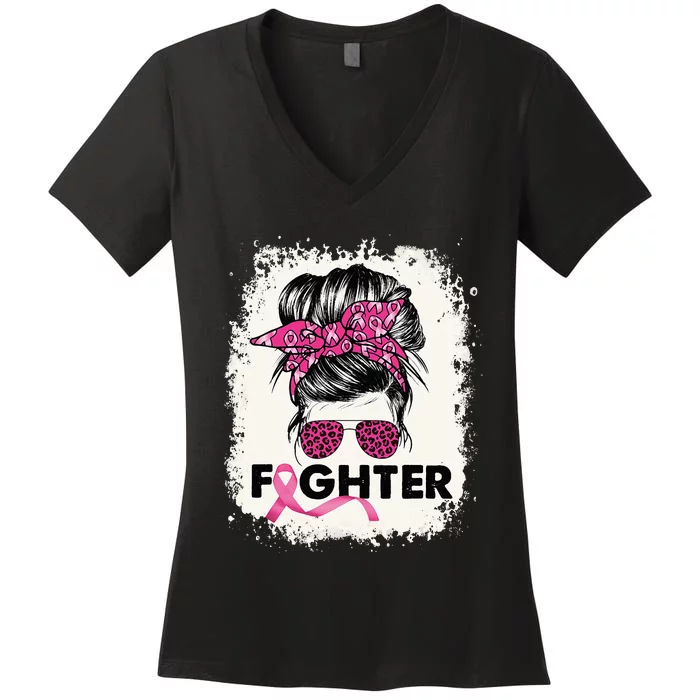 Fighter Messy Bun Breast Cancer Awareness Pink Warrior Women's V-Neck T-Shirt