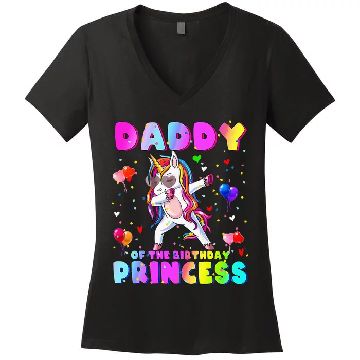 Family Matching Birthday Princess Girl Dabbing Unicorn Dad Women's V-Neck T-Shirt