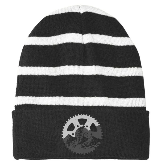 Funny Mountain Biking Art For MTB Mountain Biker Striped Beanie with Solid Band