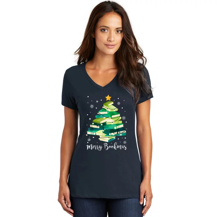 Funny Merry Bookmas Books Pine Tree Reading Lover Christmas Gift Women's V-Neck T-Shirt