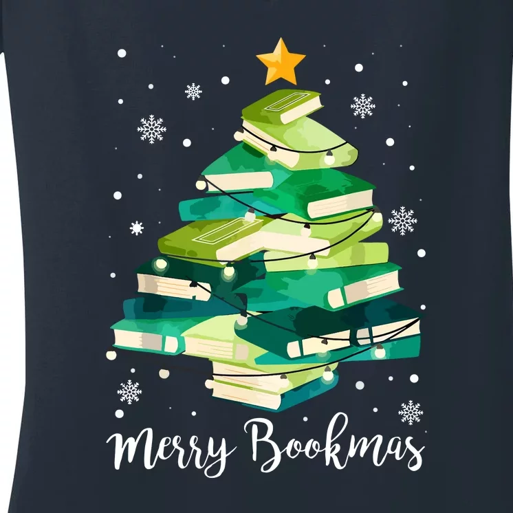 Funny Merry Bookmas Books Pine Tree Reading Lover Christmas Gift Women's V-Neck T-Shirt