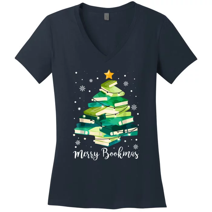 Funny Merry Bookmas Books Pine Tree Reading Lover Christmas Gift Women's V-Neck T-Shirt