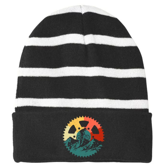 Funny Mountain Biking Art For MTB Mountain Biker Striped Beanie with Solid Band