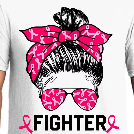 Fighter Messy Bun Breast Cancer Awareness Pink Warrior Pajama Set