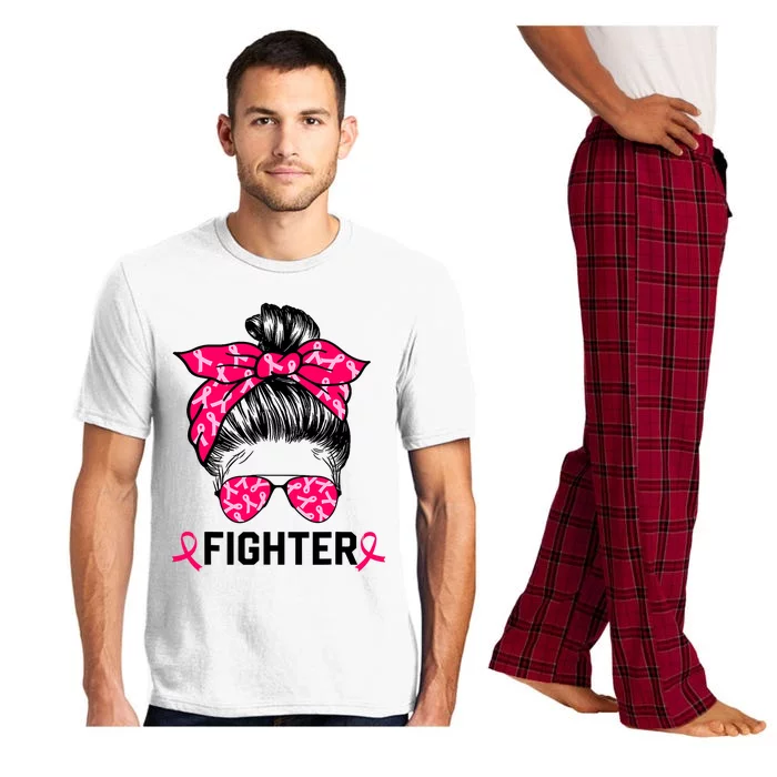 Fighter Messy Bun Breast Cancer Awareness Pink Warrior Pajama Set